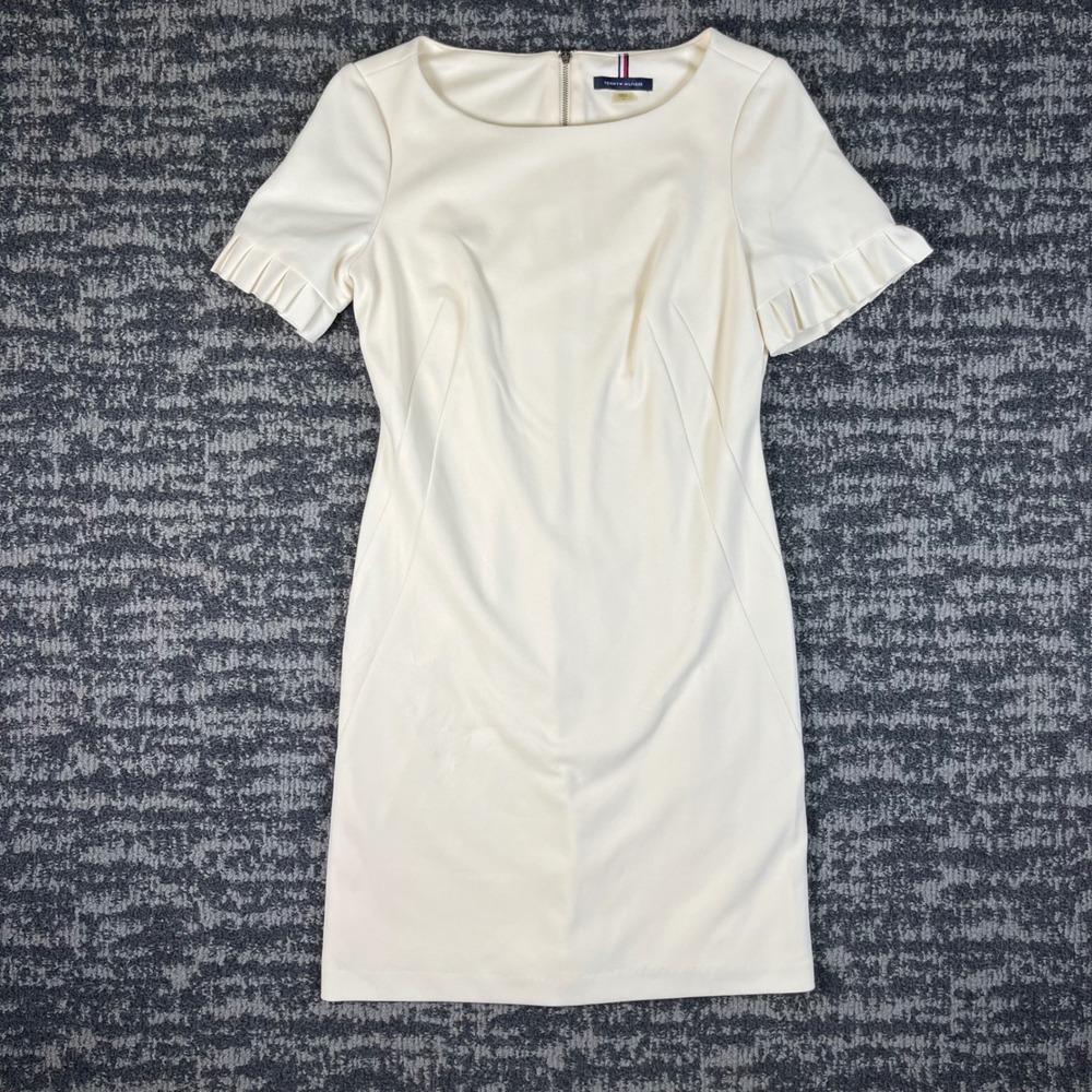 Tommy Hilfiger Sheath Dress Womens Size 2 Ivory Short Sleeve Ruffle Professional